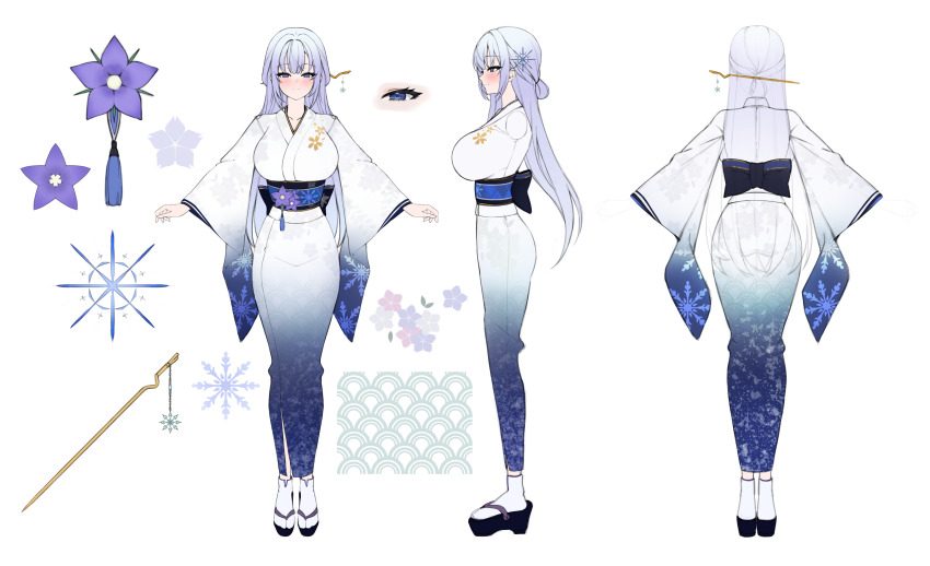 1girl absurdres akamin435 blue_eyes blue_sash breasts commentary english_commentary flower full_body furisode hair_ornament hair_stick highres japanese_clothes kimono large_breasts light_blush long_hair long_sleeves multiple_views obi okobo original platform_sandals purple_flower reference_sheet sandals sash simple_background snowflake_print socks standing tabi turnaround white_background white_hair white_kimono white_socks wide_sleeves yukata yuki_onna