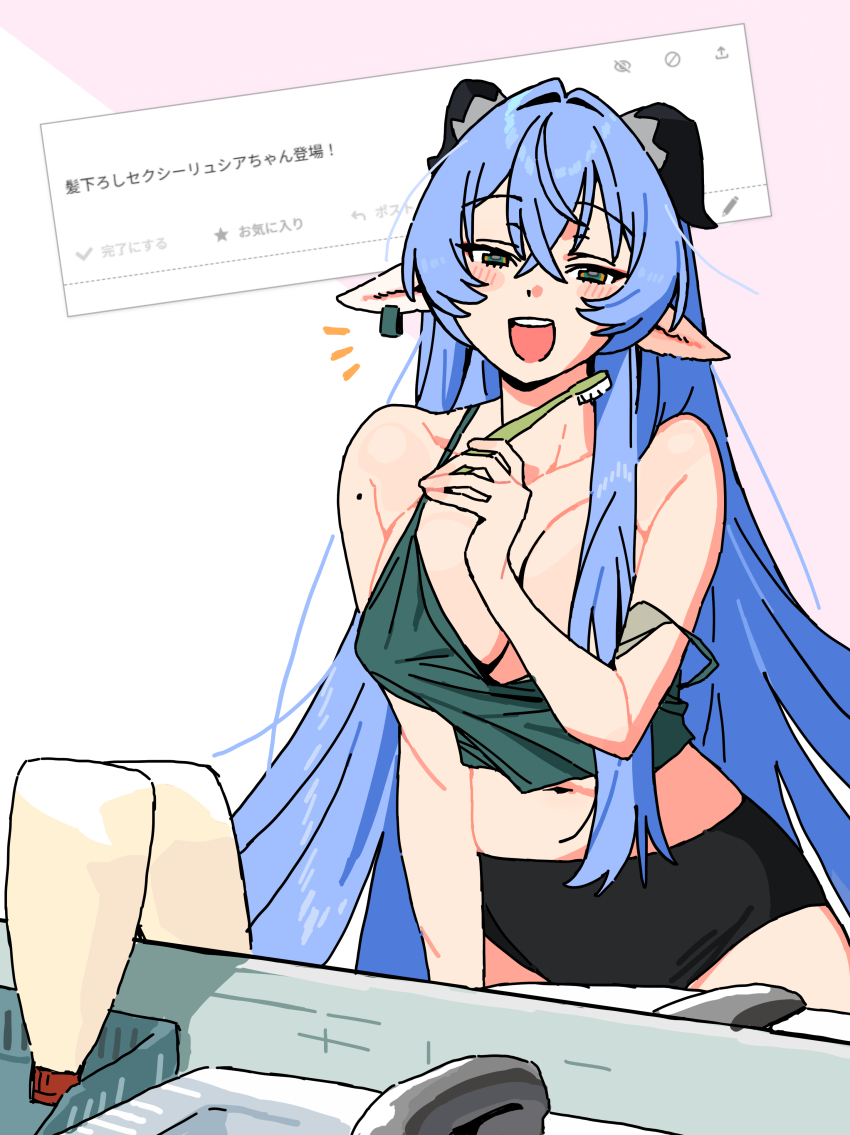 1girl absurdres alternate_costume andii_(anzai_teachco) animal_ears bare_shoulders black_horns black_panties blue_hair bottle breasts cleavage collarbone commentary_request convenient_hair crop_top crossed_bangs earrings goat_ears goat_girl goat_horns green_shirt hair_between_eyes hair_intakes highres holding holding_toothbrush horns jewelry large_breasts long_hair looking_at_viewer lucia_elowen midriff mirror mole mole_on_arm navel notice_lines panties pink_background pointy_ears reflection reflection_focus shirt sink solo toothbrush two-tone_background underwear white_background zenless_zone_zero