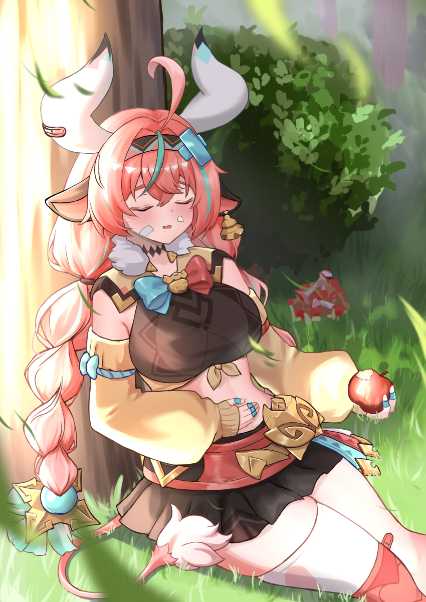 1girl absurdres against_tree ahoge animal_ears apple apple_core aqua_hair bandaid bell bitten_apple black_skirt braid breasts bush closed_eyes commentary_request cow_ears cow_girl cow_horns cow_tail cowbell detached_sleeves food food_bite food_on_face fruit genshin_impact grass hairband hand_on_own_stomach highres holding holding_food holding_fruit horns large_breasts long_hair mako_(cvyt5325) multicolored_hair on_ground open_mouth outdoors pink_hair single_thighhigh skirt solo stomach streaked_hair tail thighhighs tree twin_braids varesa_(genshin_impact) yellow_sleeves