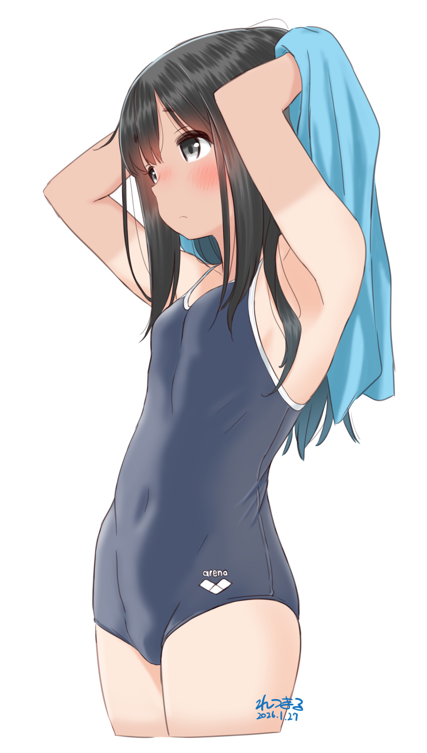 1girl absurdres armpits arms_up black_one-piece_swimsuit breasts closed_mouth covered_navel cropped_legs grey_eyes highres long_hair one-piece_swimsuit original retsumaru simple_background small_breasts solo standing swimsuit towel towel_on_head white_background