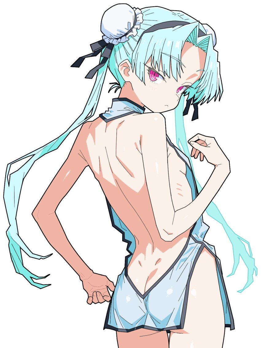 1girl aqua_hair ass back backless_outfit bare_back breasts bun_cover china_dress chinese_clothes dimples_of_venus double_bun dress expressionless hair_bun highres loli long_hair looking_at_viewer looking_back matuo3232 pink_eyes rance_(series) sengoku_rance shinobu_(rance) short_dress small_breasts solo twintails