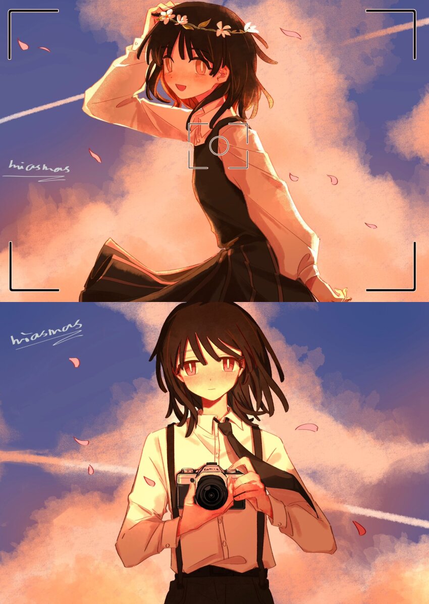1boy 1girl aged_down black_dress black_hair black_necktie black_pants black_suspenders brother_and_sister camera cloud collared_shirt commentary_request dress dress_shirt head_wreath highres holding holding_camera kishimen_hair miasmas70 necktie outdoors pants pinafore_dress red_eyes saihate_eki shirt short_hair siblings sky sleeveless sleeveless_dress sunset tatsunami_shion tenjiku_aoi upper_body viewfinder white_shirt yellow_eyes