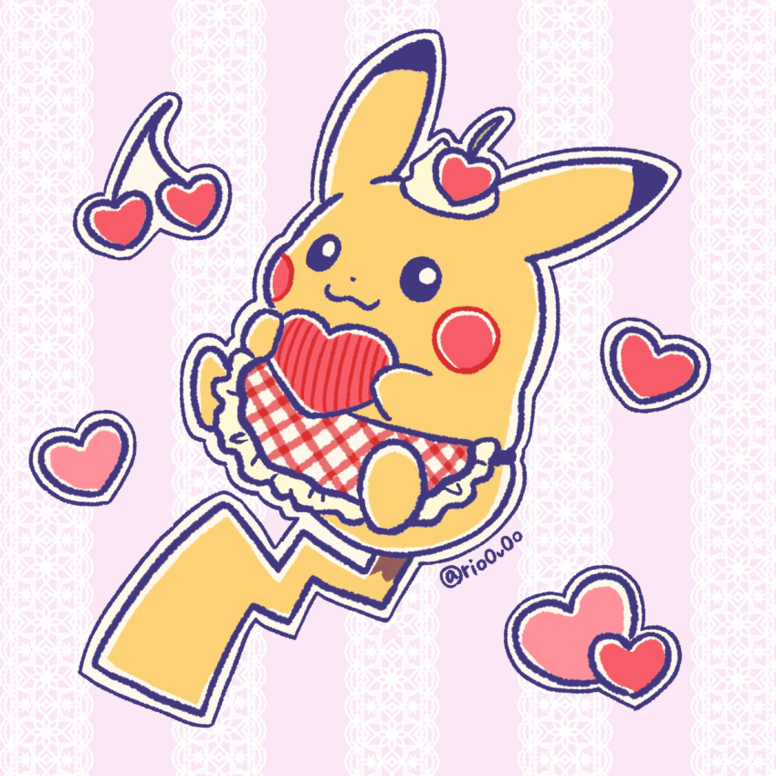 apron black_eyes bright_pupils checkered_apron checkered_clothes cherry closed_mouth clothed_pokemon commentary_request food fruit full_body gen_1_pokemon heart highres nintendo no_humans outline pikachu pikachu_(assorted_chocolates_2024) pokemon pokemon_(creature) rio_(rio0v0o) solo waist_apron whipped_cream white_outline white_pupils