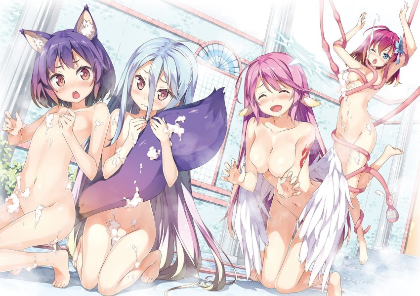 4girls :3 :d age_difference animal_ear_fluff animal_ears barefoot bathing bathroom blue_eyes blush breasts chestnut_mouth kodomo_doushi closed_eyes collarbone convenient_arm convenient_censoring drooling dutch_angle embarrassed feet flat_chest flower fox_ears fox_tail gradient_hair hair_flower hair_ornament hatsuse_izuna highres holding_another&#039;s_tail hugging_another&#039;s_tail hugging_tail indoors jibril_(no_game_no_life) kantoku kneeling loli long_hair looking_at_viewer low_wings medium_breasts multicolored_hair multiple_girls navel no_game_no_life nude one_eye_closed onee-loli open_mouth purple_hair red_eyes red_hair revision shiro_(no_game_no_life) silver_hair smile soap_bubbles soap_censor stephanie_dora suggestive_fluid tail tail_fondling tattoo tentacles very_long_hair white_wings wing_censor wings yuri