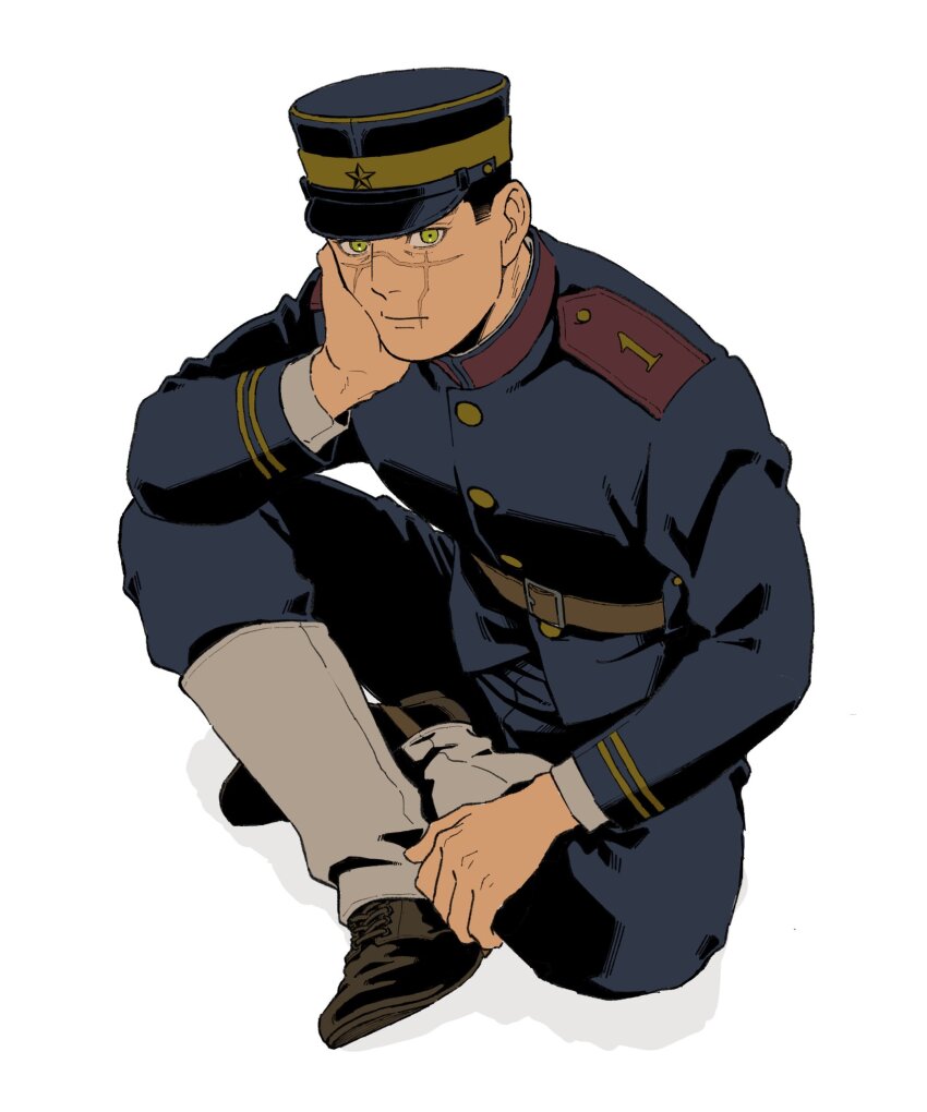 1boy alternate_hair_length alternate_hairstyle black_hair commentary_request cross_scar dakuonpu facial_scar full_body golden_kamuy green_eyes hat head_rest highres imperial_japanese_army indian_style jacket looking_at_viewer male_focus military_hat military_jacket military_uniform scar scar_on_cheek scar_on_face scar_on_mouth scar_on_nose sitting solo sugimoto_saichi