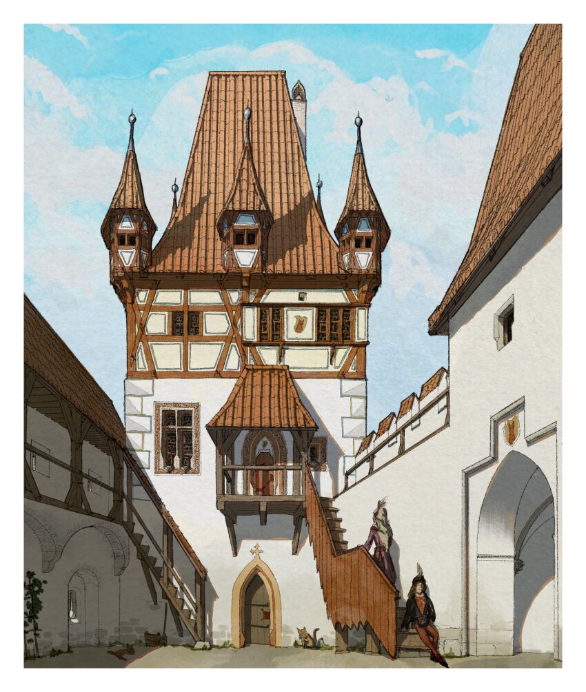 1boy 1girl blue_sky border building cat clippymagic cloud commentary courtyard day english_commentary european_architecture highres medieval original outdoors outside_border procreate_(medium) sky stairs white_border