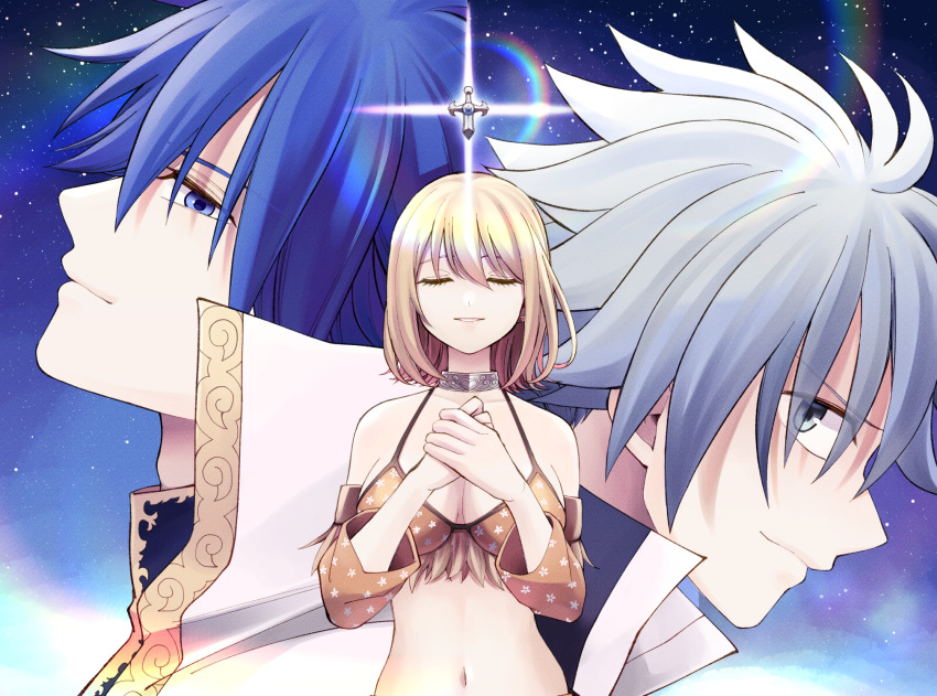 1girl 2boys artist_request blue_eyes blue_hair breasts brown_hair closed_eyes collar elie_(rave) grey_eyes grey_hair haru_glory large_breasts multiple_boys rave_(mashima) short_hair sieg_hart smile