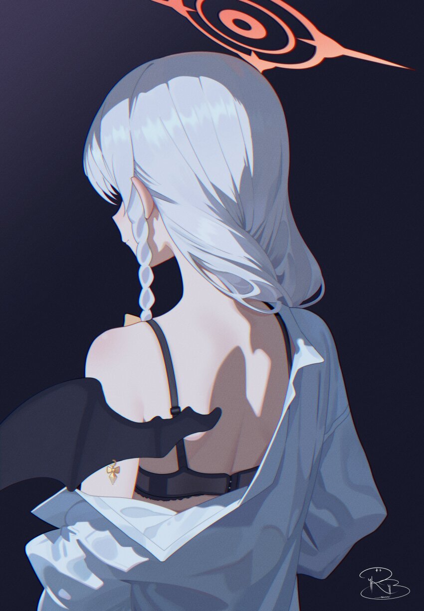 1girl absurdres artist_logo back black_background black_bra black_wings blue_archive bra braid commentary_request demon_wings dress_shirt from_behind grey_hair hair_over_shoulder halo haruna_(blue_archive) highres logo orange_halo piercing royalbunny003 shirt shirt_partially_removed single_bare_shoulder single_braid single_off_shoulder single_wing solo underwear upper_body white_shirt wing_piercing wings