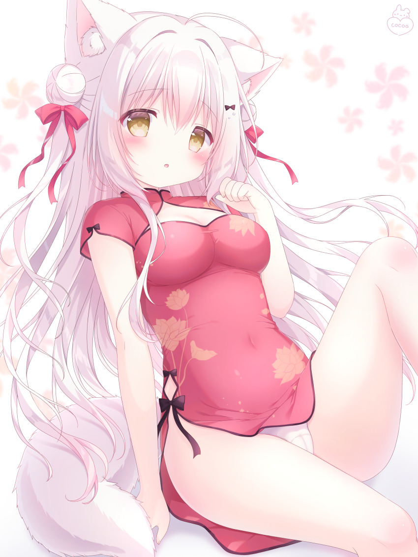 1girl :o absurdres animal_ear_fluff animal_ears bare_shoulders bell blush bow braid breasts cat_ears cat_tail china_dress chinese_clothes cleavage cleavage_cutout clothing_cutout commentary_request commission covered_navel crotch_seam double_bun dress hair_between_eyes hair_bun hair_ornament hair_ribbon highres jingle_bell large_breasts long_hair looking_at_viewer medium_breasts open_mouth original panties parted_lips ribbon short_sleeves side-tie_panties sidelocks sitting skeb_commission sleeveless sleeveless_dress solo tail thighs underwear usami_cocoa very_long_hair white_background white_hair white_panties yellow_eyes