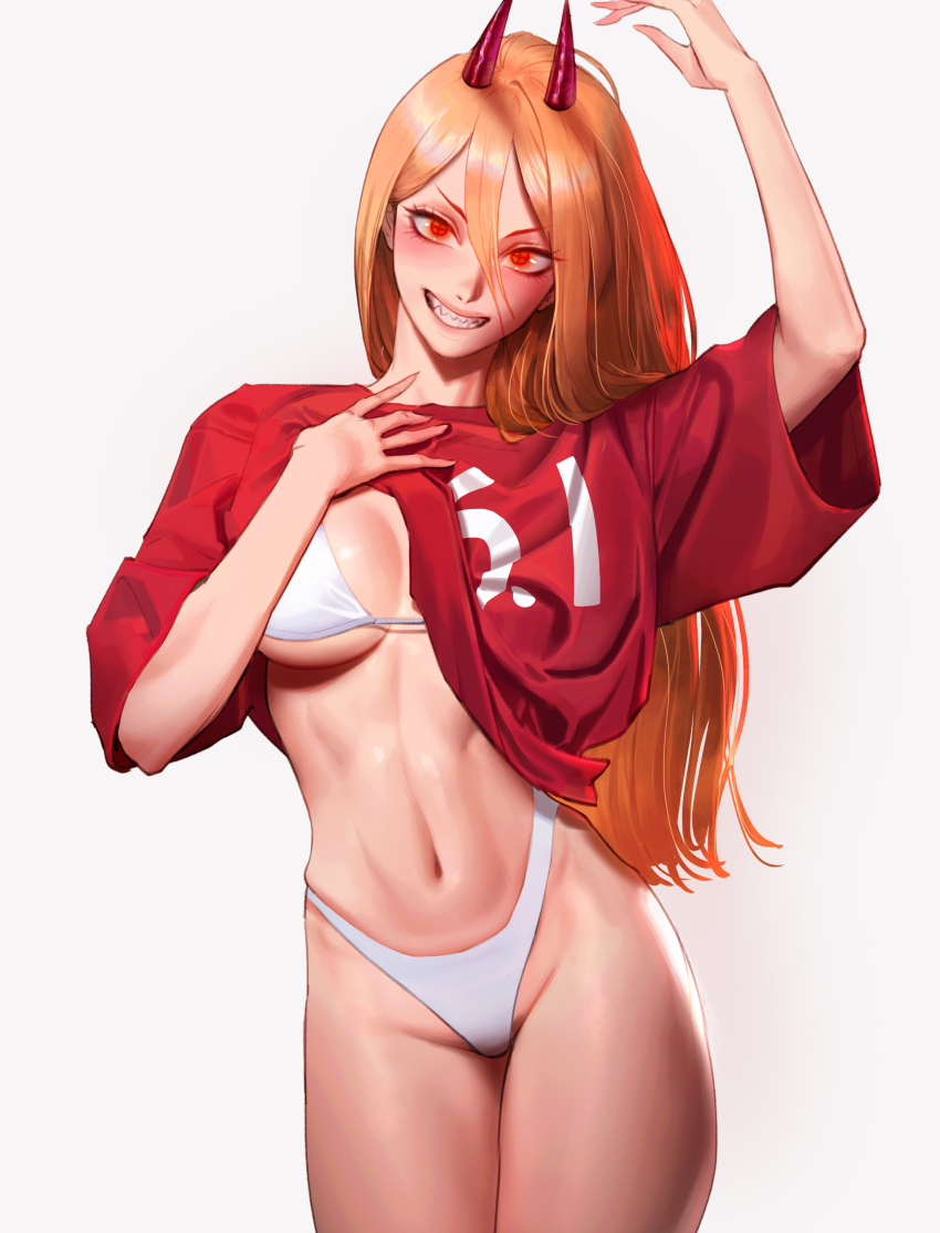 1girl absurdres bikini blonde_hair blush breasts chainsaw_man clothes_lift demon_horns grin groin hair_between_eyes head_tilt highleg highleg_bikini highres horns large_breasts lifting_own_clothes long_hair looking_at_viewer navel power_(chainsaw_man) red_eyes red_shirt sharp_teeth shirt shirt_lift simple_background smile solo stomach straight_hair swimsuit teeth underboob very_long_hair white_bikini wonbin_lee