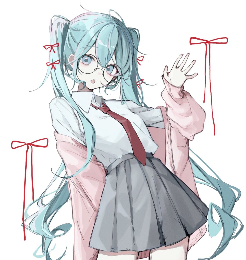 1girl aqua_hair black_skirt cowboy_shot glasses hatsune_miku highres jacket long_hair long_skirt long_sleeves necktie niaa pink_jacket red_necktie red_ribbon ribbon shirt sketch skirt solo twintails vocaloid white_background white_shirt