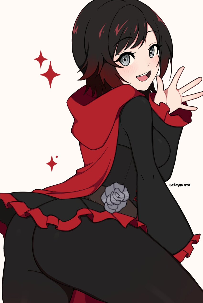 1girl ass black_hair breasts cape cremanata dress duplicate from_behind gradient_hair grey_eyes higher_resolution_available highres large_breasts looking_at_viewer multicolored_hair open_mouth pantyhose red_hair ruby_rose rwby short_hair sideboob smile solo
