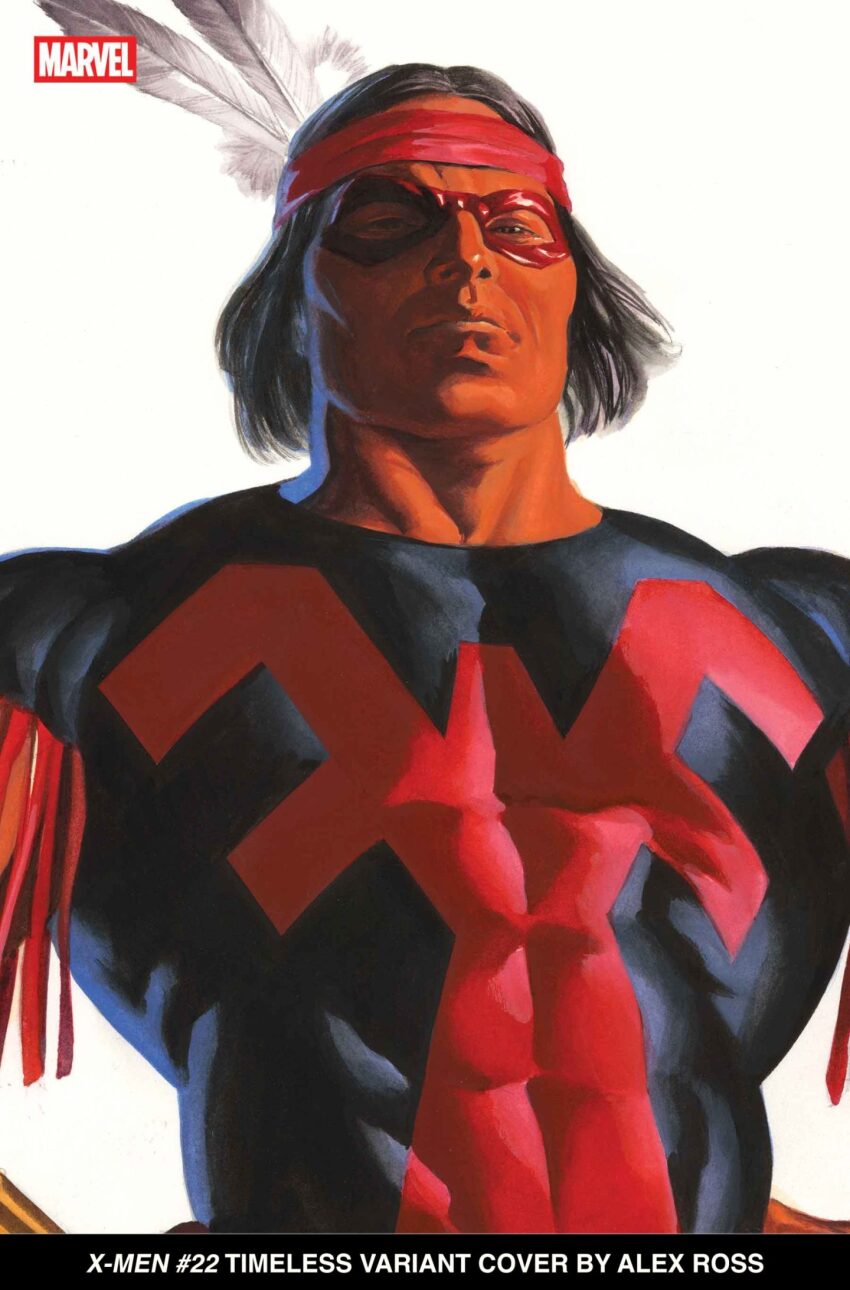1boy alex_ross artist_name black_hair black_shirt brown_eyes comic_cover company_name copyright_name cover cover_page covered_abs covered_pectorals dark-skinned_male dark_skin english_text eye_mask feathers fringe_trim hands_on_own_hips headband highres looking_at_viewer male_focus marvel mask muscular muscular_male native_american official_art pectorals realistic red_headband shirt short_hair solo superhero_costume third-party_source thunderbird_(x-men) upper_body western_comics_(style) white_background x-men