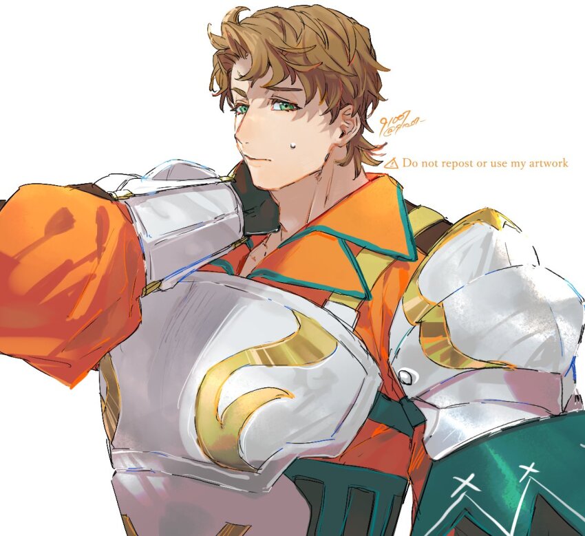 1boy 91007 boucheron_(fire_emblem) brown_hair closed_mouth commentary_request fire_emblem fire_emblem_engage green_eyes green_trim grey_armor looking_at_viewer male_focus nintendo solo upper_body