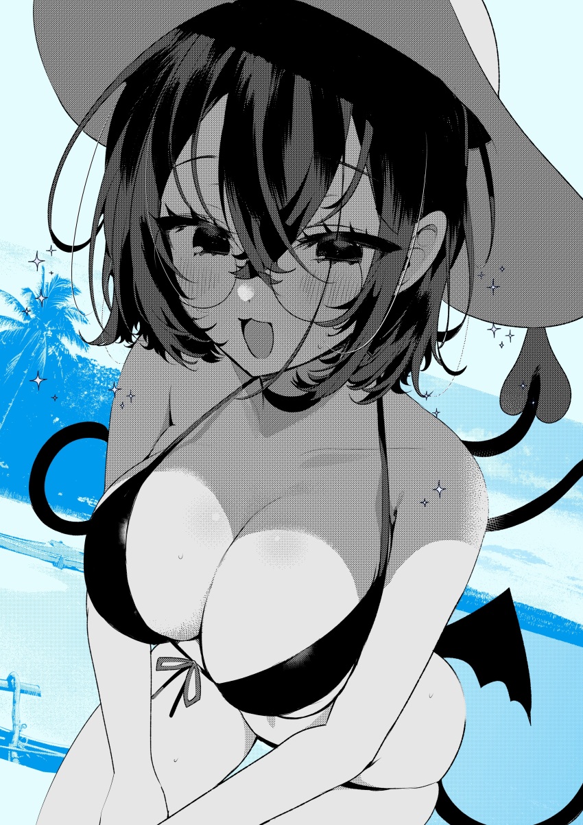 1girl absurdres bikini blue_theme breasts cleavage collarbone commentary_request demon_tail demon_wings glasses greyscale_with_colored_background hat highres leaning_forward low_wings open_mouth original ouchi_kaeru palm_tree solo swimsuit tail tree wings