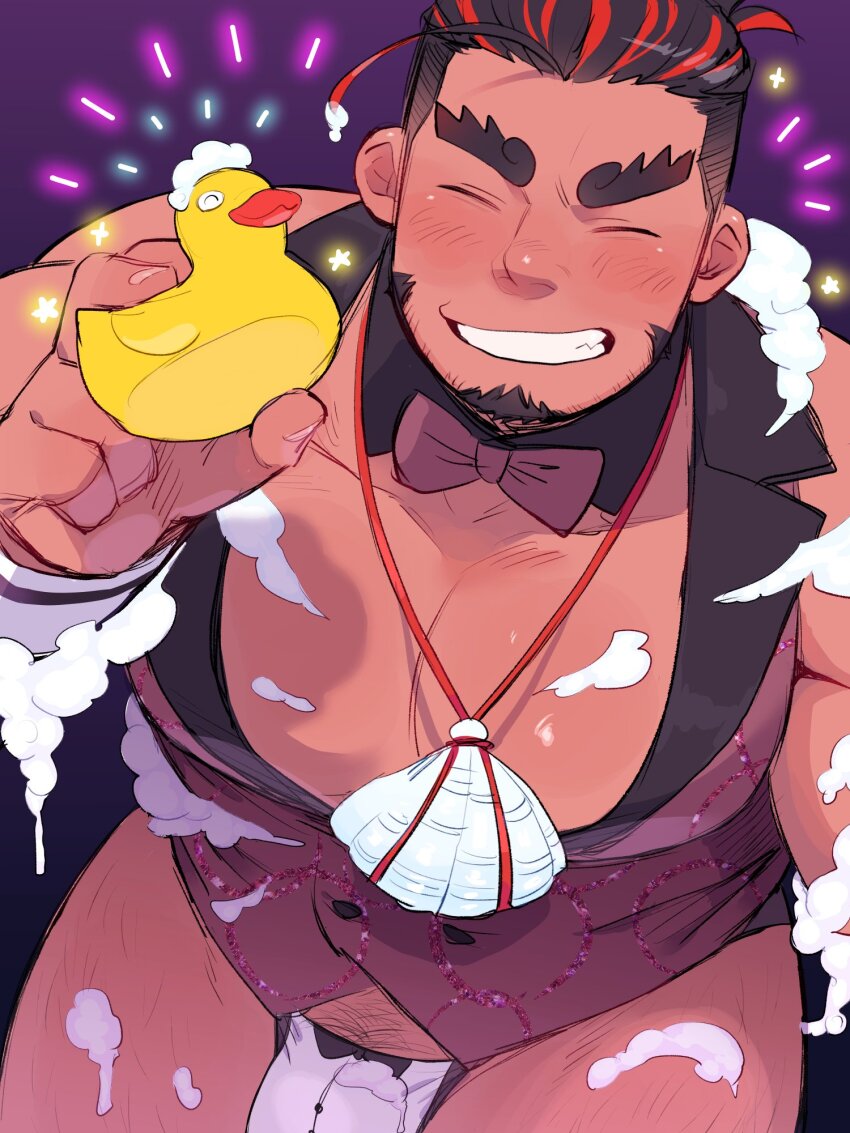 1boy ahoge bara black_hair blush bow bowtie bulge buttons closed_eyes dark-skinned_male dark_skin detached_collar double-breasted facial_hair goatee grin highres holding_rubber_duck jewelry kimi6666 large_pectorals leaning_forward long_sideburns male_focus male_swimwear mature_male multicolored_hair muscular muscular_male navel_hair necklace notice_lines orange_hair pectoral_cleavage pectorals ponytail purple_bow purple_bowtie purple_vest rubber_duck sarutahiko_(housamo) shell shell_necklace short_hair sideburns smile soap_bubbles solo star_(symbol) stubble thick_eyebrows tokyo_houkago_summoners two-tone_hair undercut vest