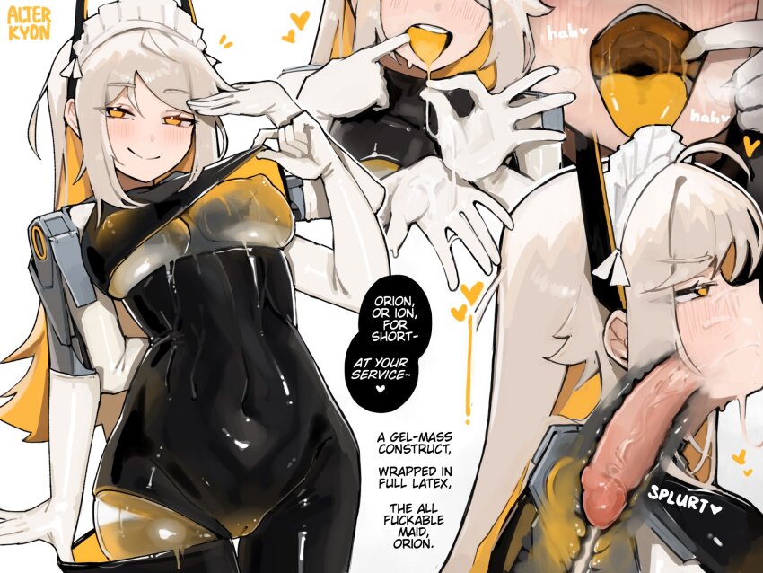 1boy 1girl alterkyon android black_bodysuit blonde_hair bodysuit breasts colored_inner_hair colored_tongue commentary covered_erect_nipples cum cum_in_mouth deepthroat ejaculation elbow_gloves english_commentary english_text extra_arms fellatio fellatio_gesture gloves grey_hair hetero highres long_hair maid_headdress mechanical_arms medium_breasts multicolored_hair multiple_views oral original orion_(alterkyon) penis robophilia robot robot_girl salute uncensored white_gloves x-ray yellow_eyes yellow_tongue