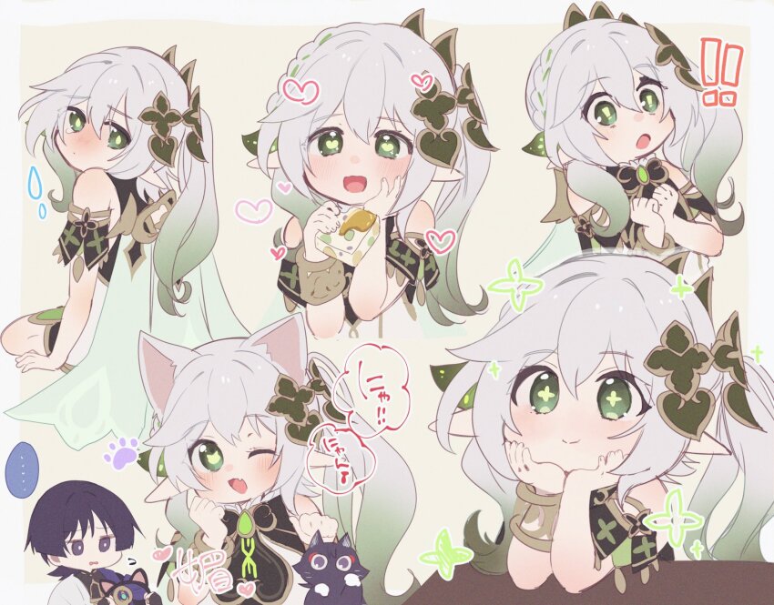 ! !! !-shaped_pupils 1boy 1girl :t animal_ear_hairband animal_ears animalization aomattya arm_at_side armlet black_bodysuit black_bridal_gauntlets black_cat black_hair black_hairband blunt_ends blush bodysuit border bracelet bridal_gauntlets bright_pupils brown_background candied_ajilenakh_nut_(genshin_impact) cape cat cat-shaped_pupils cat_ear_hairband cat_ears cat_girl clenched_hands closed_mouth colored_tips cross-shaped_pupils detached_sleeves dress drop-shaped_pupils elbow_blush elbow_rest fake_animal_ears fingernails food furrowed_brow gem genshin_impact gold_ring gold_trim gradient_hair green_cape green_eyes green_gem green_hair green_pupils green_sleeves hair_between_eyes hair_ornament hairband half_crown_braid hand_on_own_face hands_on_own_chest hands_on_own_face hands_up heart heart-shaped_pupils heart_hair_ornament highres holding holding_food holding_hairband japanese_clothes jewelry kimono leaf leaf_hair_ornament long_hair looking_at_viewer looking_back looking_to_the_side mandarin_collar middle_ring multicolored_hair multiple_expressions multiple_views nahida_(genshin_impact) one_eye_closed open_mouth paw_pose person_and_animalization pointy_ears purple_cape purple_eyes scaramouche_(cat)_(genshin_impact) scaramouche_(genshin_impact) side_ponytail sidelocks sitting source_request sweatdrop symbol-shaped_pupils wanderer_(genshin_impact) white_border white_dress white_hair white_kimono white_pupils white_sleeves wispy_bangs