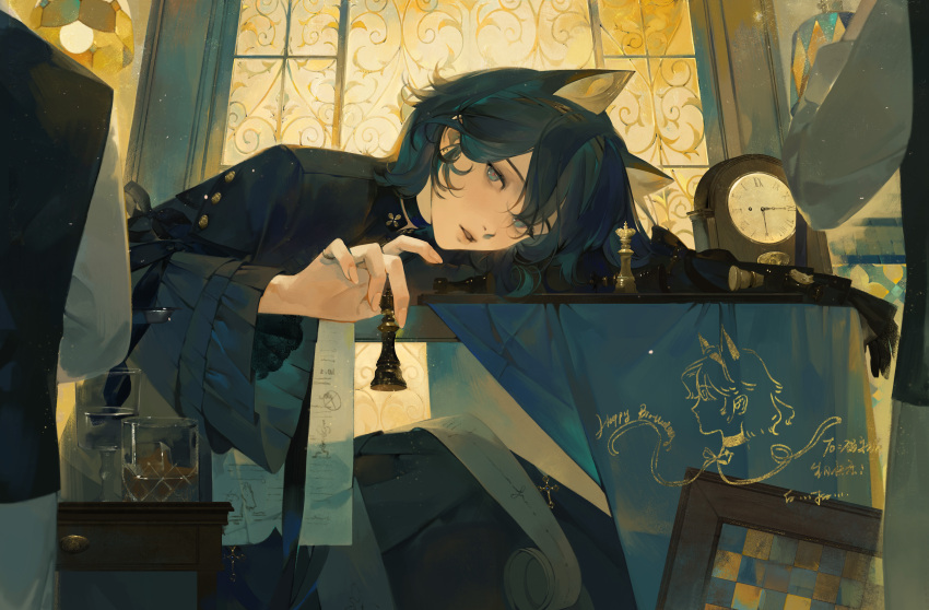 1girl absurdres animal_ears baichuan_baichuan black_gloves board_game cat_ears cat_girl chess chess_piece clock cup fingernails gloves green_eyes green_hair hair_between_eyes highres holding holding_chess_piece indoors layered_sleeves lips long_sleeves looking_at_object medium_hair original paper parted_lips red_pupils sidelocks sitting solo table window