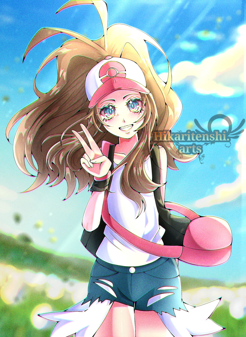 1girl antenna_hair artist_name bad_anatomy baseball_cap blue_eyes brown_hair collarbone_peek commentary cowboy_shot denim denim_shorts english_commentary grin hat high_ponytail highres hikarinotenshi.arts hilda_(pokemon) nintendo open_clothes open_vest outdoors pink_bag poke_ball_print pokemon pokemon_bw ponytail shirt shorts smile solo v vest watermark white_shirt wristband