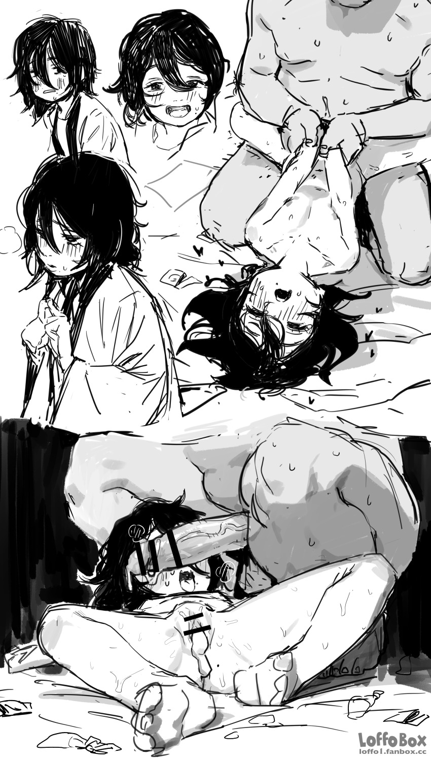 1boy 1girl absurdres after_vaginal aftersex blush condom condom_wrapper cum cum_in_pussy cumdrip flat_chest grabbing_another's_arm greyscale hetero highres kyomoto_(look_back) loffo loli look_back_(manga) lying missionary monochrome multiple_views nude on_back open_mouth penis sequential sex sketch spread_legs tongue tongue_out trembling used_condom