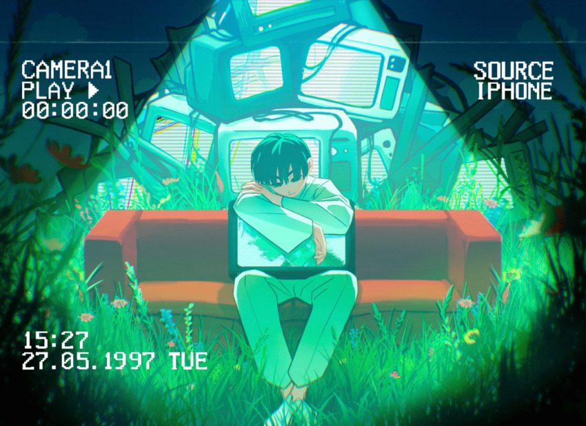 alien_stage animated animated_gif barefoot black_eyes black_hair chinese_commentary commentary couch english_commentary english_text grass ivan_(alien_stage) kiss maku0805 mixed-language_commentary on_couch pants recording sitting solo_focus till_(alien_stage) timestamp yaoi