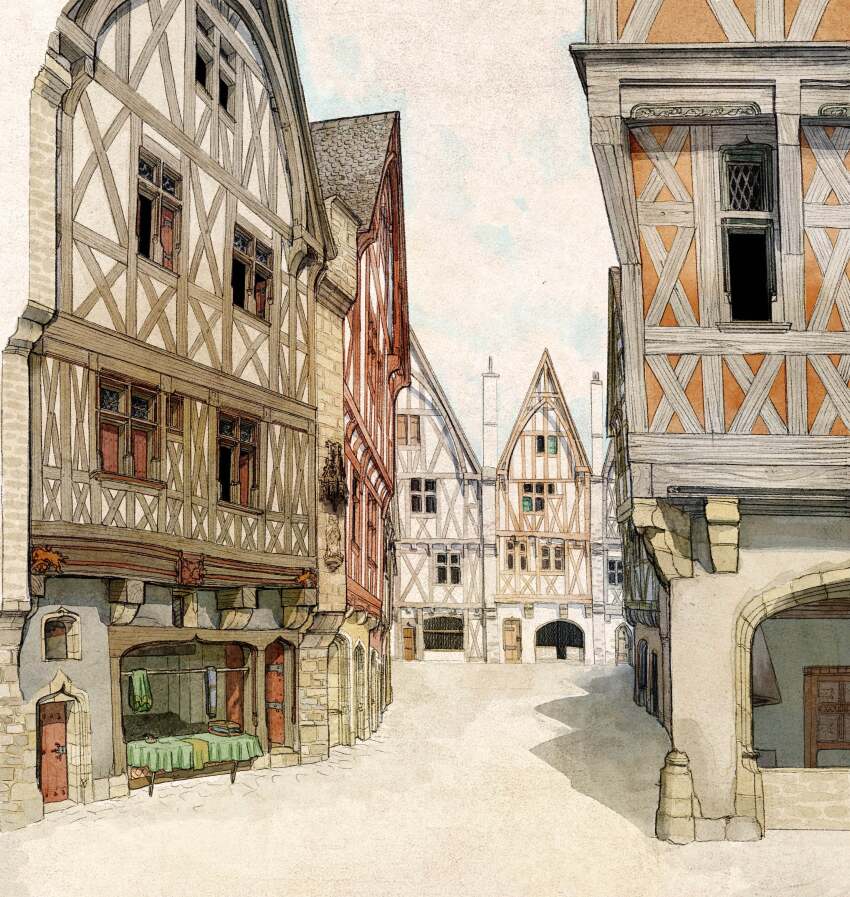 absurdres clippymagic commentary day english_commentary european_architecture half-timbered highres medieval no_humans original outdoors procreate_(medium) town