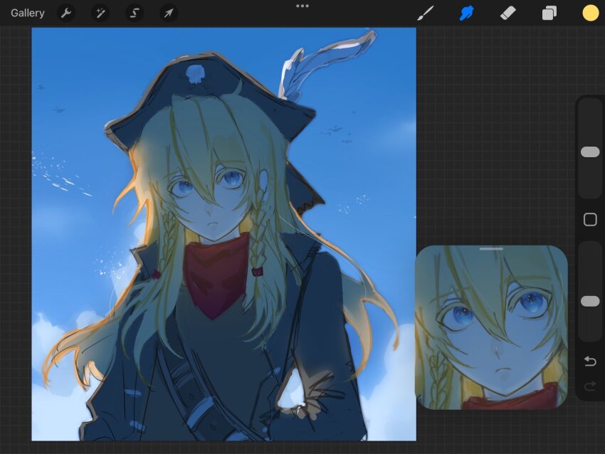 1boy art_program_in_frame belt blonde_hair blue_eyes blue_sky brown_belt brown_jacket closed_mouth cloud colored_eyelashes epic_battle_fantasy expressionless hair_between_eyes hat hat_feather highres jacket long_hair matt_(epic_battle_fantasy) mha_crayon neckerchief pirate_hat procreate_(medium) procreate_(software) red_neckerchief simple_bird sky solo upper_body