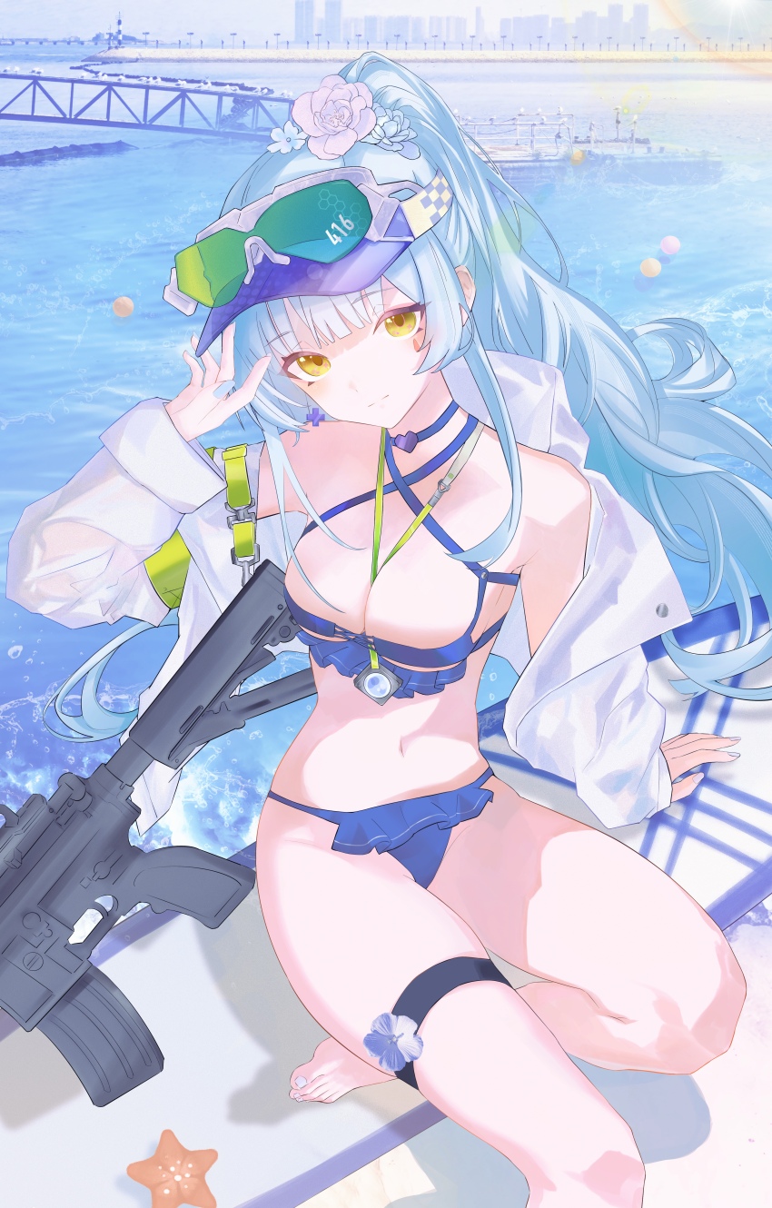 1girl absurdres arm_support arm_up assault_rifle bare_shoulders barefoot between_breasts bikini blue_bikini blue_choker blue_hair blue_nails blunt_bangs breasts chinese_commentary choker cleavage closed_mouth commentary_request criss-cross_halter day eyewear_on_headwear facial_mark feet flower frilled_bikini frills girls'_frontline girls'_frontline_2:_exilium green-tinted_eyewear gun h&amp;k_hk416 hair_flower hair_ornament halterneck harbor head_tilt heart highres hk416_(girls'_frontline) jacket klukai_(cerulean_breaker)_(girls'_frontline_2) klukai_(girls'_frontline_2) lanyard lens_flare long_hair long_sleeves looking_at_viewer medium_breasts nail_polish navel ocean off_shoulder official_alternate_costume open_clothes outdoors ponytail purple_flower purple_rose rifle rose sidelocks sitting solo starfish stomach surfboard swimsuit swimsuit_cover-up symbol_in_eye teardrop_facial_mark thigh_strap tinted_eyewear toenail_polish toenails toes very_long_hair visor_cap water_drop weapon wet white_jacket xiao_chen_sinkerr