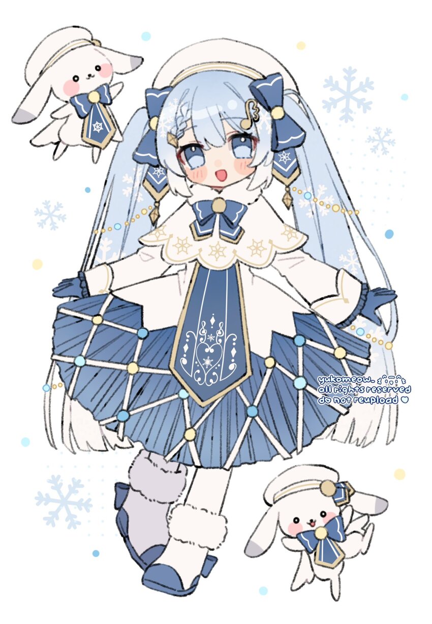 1girl :d artist_name blue_bow blue_bowtie blue_eyes blue_gloves blue_hair blue_skirt blush_stickers boots bow bowtie capelet commentary double-parted_bangs full_body fur-trimmed_boots fur_trim gloves hair_between_eyes hair_bow hat hatsune_miku highres long_hair long_sleeves looking_at_viewer open_mouth pantyhose rabbit rabbit_yukine shirt simple_background skirt smile solo standing symbol-only_commentary twintails vocaloid watermark white_background white_boots white_capelet white_hat white_pantyhose white_shirt yuki_miku yuki_miku_(2021) yukomeow