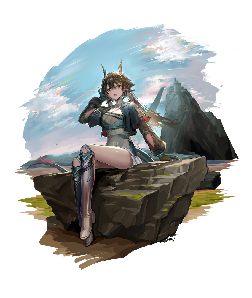 1girl :d absurdres arknights arknights:_endfield arm_cutout awr black_boots black_hair black_sleeves blue_gloves blue_jacket boots chen_qianyu_(arknights) chinese_commentary clothing_cutout commentary_request copyright_name cropped_jacket dragon_girl dragon_horns dragon_tail full_body gloves grey_eyes hand_in_own_hair high_heel_boots high_heels highres horns jacket knee_boots long_hair long_sleeves looking_at_viewer open_clothes open_jacket open_mouth shirt sitting skirt smile solo sword tail twintails weapon white_shirt white_skirt