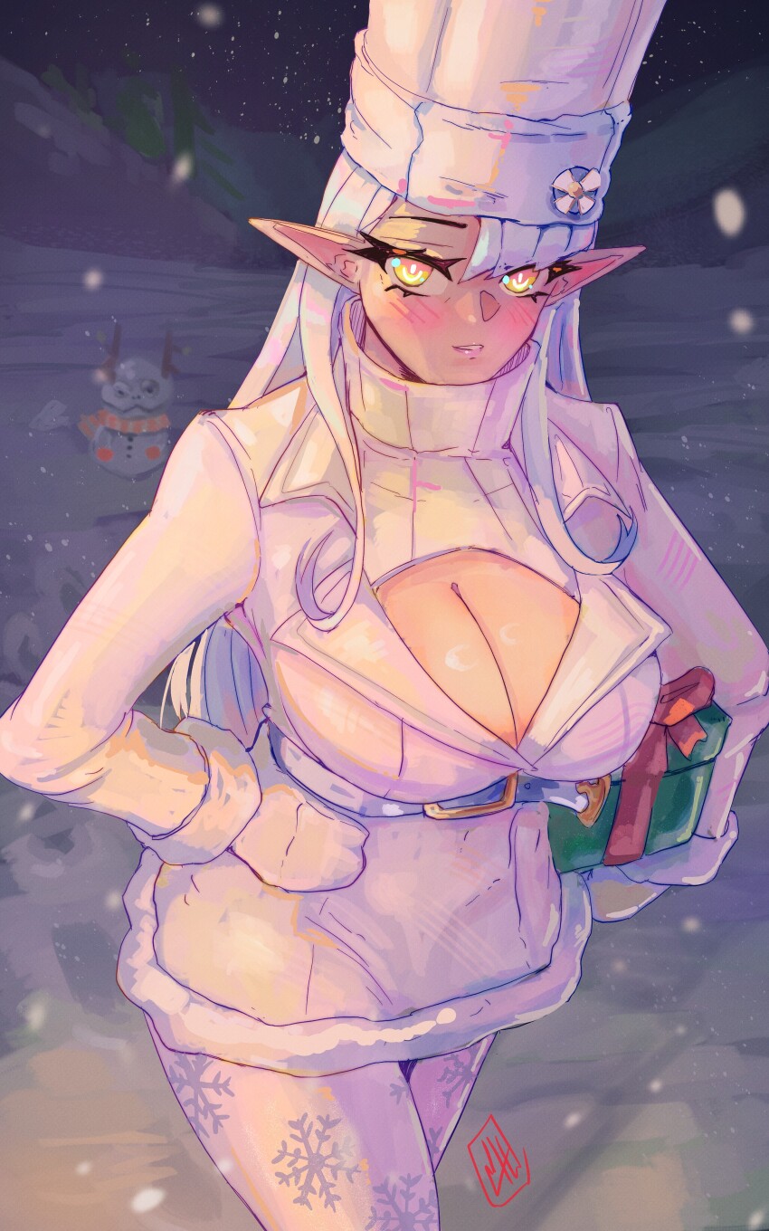 1girl absurdres belt blush boutsoftheblind breasts christmas_present cleavage cleavage_cutout closed_mouth clothing_cutout gift gloves grey_hair hand_on_own_hip hat highres holding holding_gift indie_virtual_youtuber jacket large_breasts looking_at_viewer outdoors pantyhose sidelocks smile snow snowing solo sweater turtleneck turtleneck_sweater virgin_killer_sweater virtual_youtuber white_belt white_gloves white_hat white_jacket white_pantyhose white_sweater winter yellow_eyes zentreya zentreya_(cyborg) zentreya_(jolly_zen)