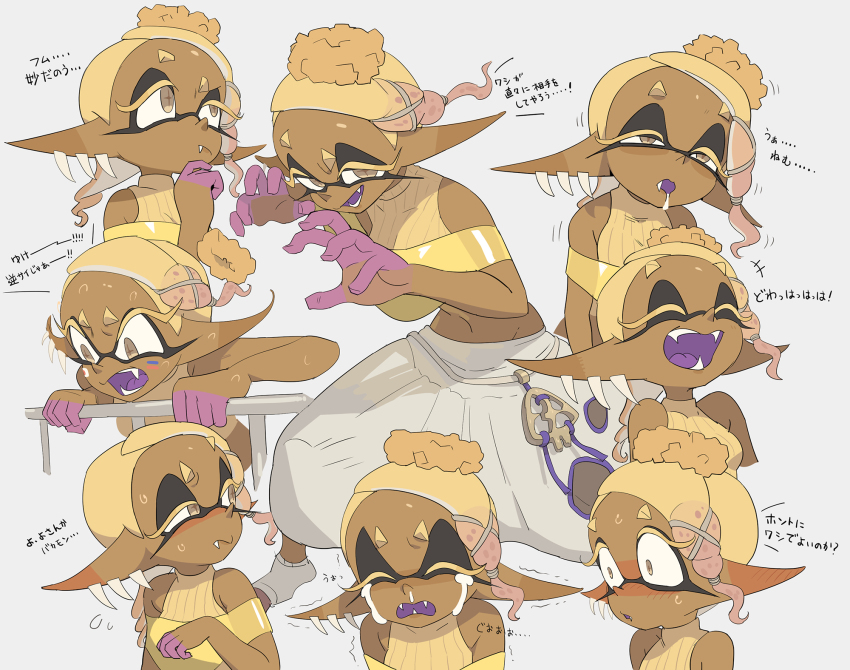 1girl blonde_hair blush breasts closed_eyes colored_eyelashes colored_fingertips colored_tongue commentary_request crop_top crying dark-skinned_female dark_skin drooling earrings fangs frye_(splatoon) harem_pants highres inkling jewelry laughing long_pointy_ears multiple_earrings multiple_expressions multiple_views nintendo open_mouth pants pointy_ears purple_tongue shawl shouting splatoon_(series) splatoon_3 sweatdrop tentacle_hair thinking tooth_earrings white_background yellow_eyes yellow_shawl yuta_agc