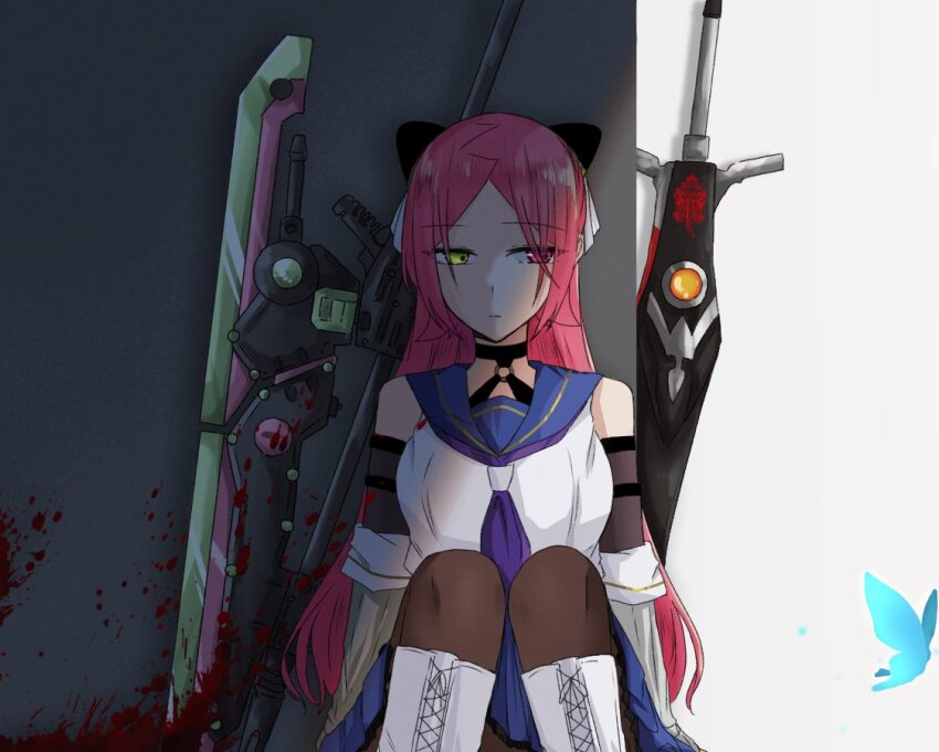 1girl against_wall arms_at_sides assault_lily bare_shoulders blood blood_on_clothes blood_on_wall bloody_weapon blue_butterfly blue_sailor_collar blue_skirt boots border breasts brown_pantyhose bug butterfly closed_mouth detached_sleeves feet_out_of_frame green_eyes grey_background hairpods half-closed_eyes heterochromia insect knee_boots knees_up lace-up_boots layered_sleeves long_hair long_sleeves looking_at_animal medium_breasts miniskirt neckerchief nigari_(ngari_0115) odaiba_girls_high_school_uniform pantyhose parted_bangs planted planted_sword planted_weapon pleated_skirt purple_neckerchief red_eyes red_hair sailor_collar school_uniform serafuku shade shiba_tomoshibi shirt sideways_glance sitting skirt sleeveless sleeveless_shirt solo sword very_long_hair weapon white_border white_shirt