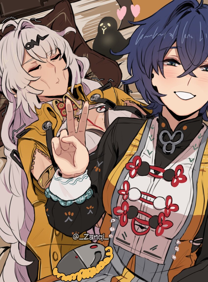 2girls absurdres belle_(delicate_sunlight)_(zenless_zone_zero) belle_(zenless_zone_zero) bird blue_hair blush breasts chinese_clothes cleavage commentary english_commentary green_eyes guy_tired_after_sex_(meme) hair_ornament hairclip heart highres large_breasts meme multiple_girls official_alternate_costume on_bed pillow white_hair yixuan_(zenless_zone_zero) yuri zanqi zenless_zone_zero