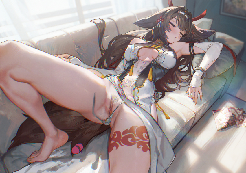 1girl absurdres accidental_exposure after_masturbation animal_ears breasts brown_hair brown_tail china_dress chinese_clothes clothing_aside commentary couch detached_sleeves dress egg_vibrator female_pubic_hair fox_ears fox_girl fox_tail hairband highres indoors kryp132 leg_tattoo long_hair manga_(object) medium_breasts on_couch panties pelvic_curtain pelvic_curtain_aside pornography pubic_hair pussy pussy_juice_stain sex_toy side-tie_panties sleeping solo tail tattoo uncensored underwear untied_panties vibrator white_hairband ye_shunguang zenless_zone_zero
