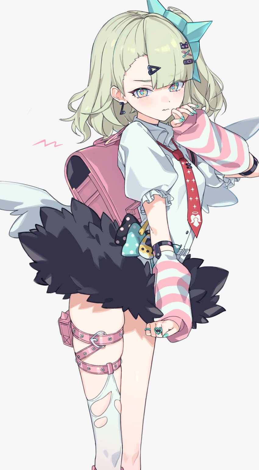 1girl absurdres aqua_nails arm_warmers awe_(adorableduckyy) backpack bag black_skirt blush bow breasts chinatsu_remiel closed_mouth collared_shirt detached_sleeves earrings green_hair hair_bow hair_ornament hairclip hand_up highres jewelry light_blush looking_at_viewer low_wings medium_hair nail_polish necktie one_side_up puffy_short_sleeves puffy_sleeves randoseru red_necktie shirt short_sleeves simple_background single_thighhigh skirt solo standing thigh_strap thighhighs torn_clothes torn_thighhighs white_background white_shirt white_thighhighs wings zenless_zone_zero