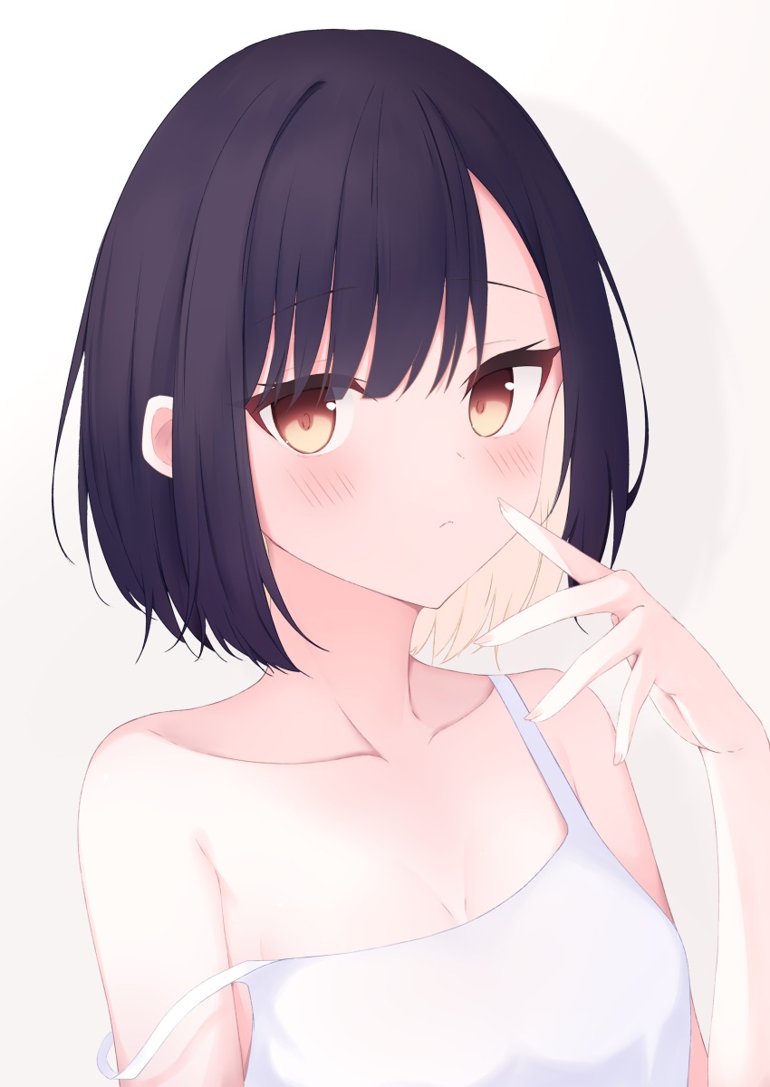 1girl absurdres bare_arms bare_shoulders black_hair blonde_hair blush breasts brown_eyes camisole closed_mouth collarbone commentary_request fingernails hand_up highres looking_at_viewer multicolored_hair original riya_(01214) short_hair small_breasts solo strap_slip two-tone_hair white_camisole