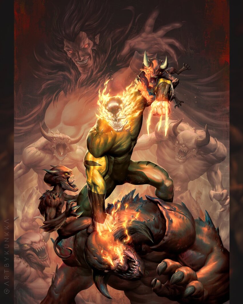 2boys 6+others bodysuit brown_bodysuit claw_(weapon) claws colored_skin comic_cover commentary daken demon_boy doom_(series) english_commentary fighting fire flaming_skull hellverine highres horns impaled kunkka male_focus marvel mephisto_(marvel) multicolored_bodysuit multiple_boys multiple_others no_pupils official_art reaching reaching_towards_viewer red_skin sharp_teeth size_difference skin_tight skull solo_focus superhero_costume teeth twitter_username veins veiny_arms weapon wolverine_(x-men) x-men yellow_bodysuit