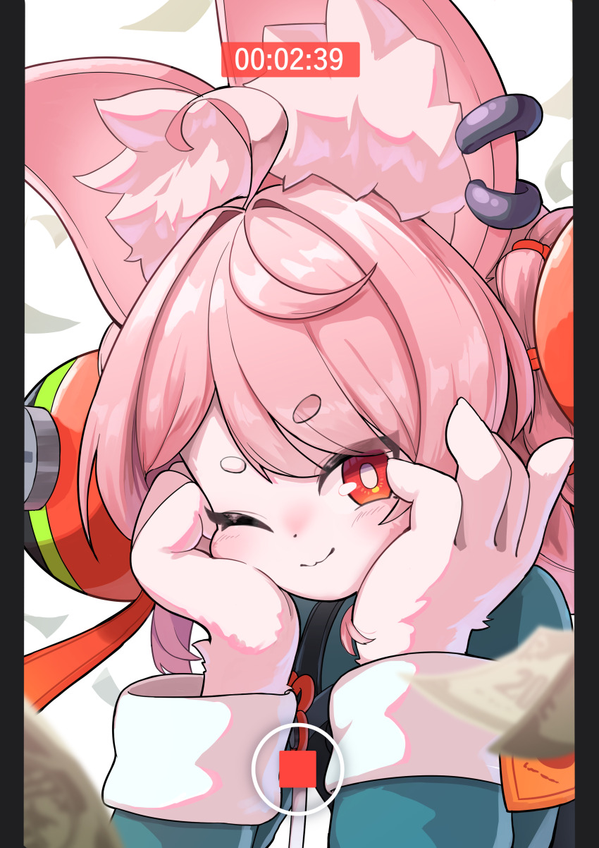 1girl absurdres ahoge animal_ear_fluff animal_ear_piercing animal_ears banknote blurry blurry_foreground bright_pupils closed_mouth commentary_request furry furry_female green_shirt hair_ornament head_rest highres light_blush long_hair looking_at_viewer money one_eye_closed pillarboxed pink_fur pink_hair rabbit_ears rabbit_girl recording red_eyes screw shirt short_eyebrows smile solo sphere_hair_ornament thick_eyebrows uminonin46978 white_background white_pupils zenless_zone_zero zhao_(zenless_zone_zero)