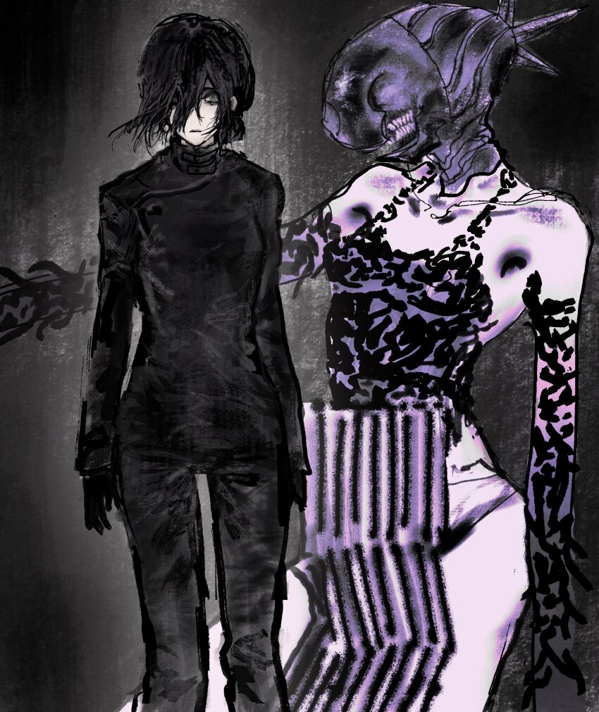 1girl absurdres armpit_crease bare_shoulders black_background black_gloves black_jumpsuit black_tank_top bomb_devil_(chainsaw_man) chainsaw_man collarbone cowboy_shot dark_background elbow_gloves gloves gradient_background green_eyes hair_between_eyes highres idmiydoa jumpsuit looking_at_viewer multiple_views no_pants outstretched_arm panties reze_(chainsaw_man) short_hair skinny tank_top teeth underwear white_panties