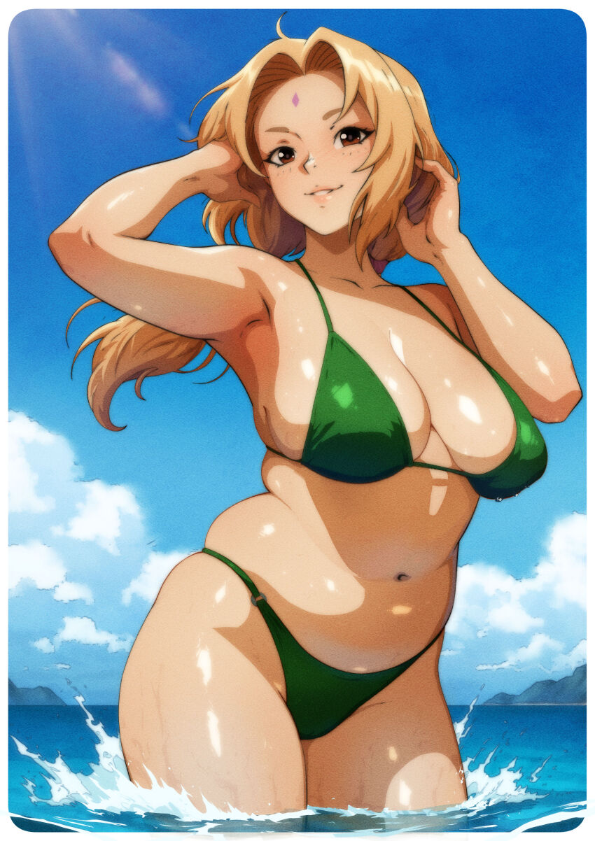1girl absurdres arm_up bikini blonde_hair blue_sky border breasts brown_eyes cloud commentary cowboy_shot curvy day english_commentary facial_mark floating_hair forehead_mark gravydood green_bikini grin hair_intakes hand_up highres large_breasts low_twintails naruto_(series) navel ocean outdoors parted_lips skindentation sky smile solo stomach swimsuit tsunade_(naruto) twintails wading water white_border