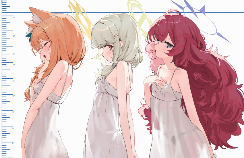 3girls :d absurdres alternate_costume animal_ear_fluff animal_ears aoba_(blue_archive) arm_behind_back arms_behind_back ass bare_arms bare_shoulders blonde_hair blue_archive blue_eyes blue_halo blurry blush braid breasts camisole cat_ears cat_girl closed_eyes commentary cowboy_shot dan_nako depth_of_field dress fluffy_hair from_side hair_ornament hairclip halo hand_on_own_chest highres iroha_(blue_archive) long_hair looking_at_viewer low_twintails mari_(blue_archive) multiple_girls open_mouth orange_hair own_hands_together panties_visible_through_clothes profile red_eyes red_hair see-through_silhouette shy sideways_glance simple_background single_braid sleeveless sleeveless_dress small_breasts smile spaghetti_strap sweatdrop twintails white_background white_camisole white_dress yellow_halo