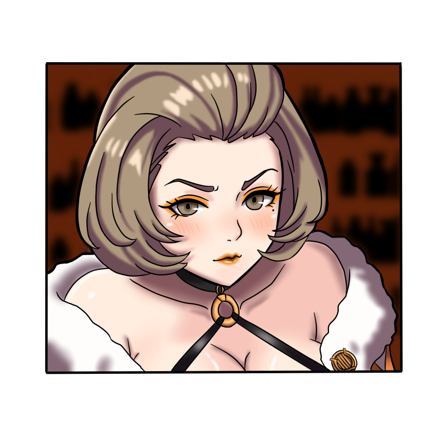 1girl absurdres breasts brown_hair cleavage eyeshadow fire_emblem fire_emblem:_three_houses hair_slicked_back highres large_breasts lipstick makeup manuela_casagranda mature_female nekomoni nintendo orange_eyeshadow orange_lips