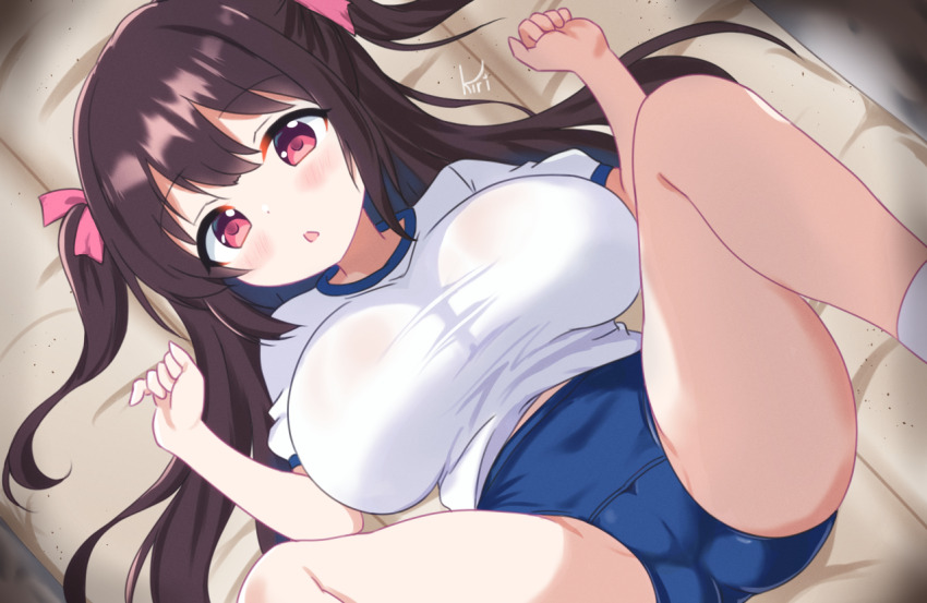 :o blue_buruma blush breasts brown_hair buruma cameltoe commentary_request gym_shirt gym_uniform hair_between_eyes hair_ribbon huge_breasts kiri_(kiri_ll) large_breasts long_hair looking_at_viewer lying mat on_back open_mouth oppai_loli original pink_ribbon red_eyes ribbon shirt short_sleeves sidelocks signature socks spread_legs taut_clothes taut_shirt thighs two_side_up white_shirt white_socks