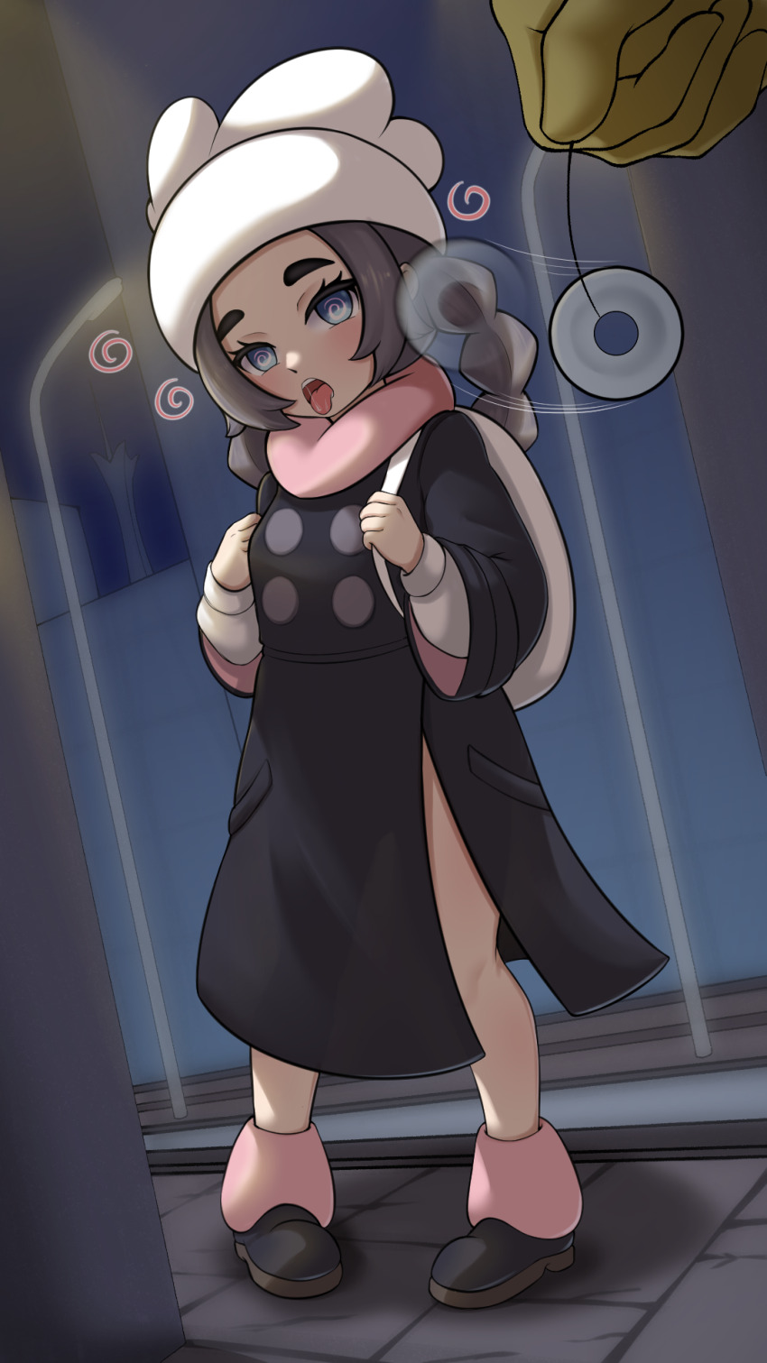 1girl :o @_@ afterimage ansha_(pokemon) backpack bag black_coat black_shoes blue_eyes coat coin eyelashes gen_1_pokemon hat head_tilt highres holding holding_strap holding_string holed_coin hypno hypnosis leg_warmers loli long_hair mind_control mixed-language_commentary motion_lines negaska nintendo open_mouth pendulum pigeon-toed pink_leg_warmers pink_scarf pokemon pokemon_(creature) pokemon_legends:_z-a saliva scarf shirt shoes standing string swirl teeth tongue tongue_out upper_teeth_only white_bag white_hat white_shirt