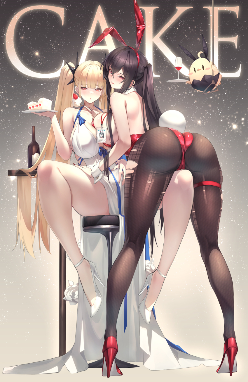 2girls alternate_costume animal_ears azur_lane black_hair blonde_hair blunt_bangs bottle breasts cake cake_slice commentary cup detached_collar drinking_glass english_commentary english_text eyebrows_hidden_by_hair fake_animal_ears food formidable_(anniversary_memories)_(azur_lane) formidable_(azur_lane) gainoob glass hair_between_eyes high_heels highres holding holding_cake holding_food large_breasts looking_at_viewer manjuu_(azur_lane) multiple_girls official_alternate_costume pantyhose playboy_bunny rabbit_ears rabbit_tail red_eyes sidelocks sitting taihou_(azur_lane) taihou_(fun_on_the_baize)_(azur_lane) tail torn_clothes torn_pantyhose twintails wine_bottle wine_glass wrist_cuffs