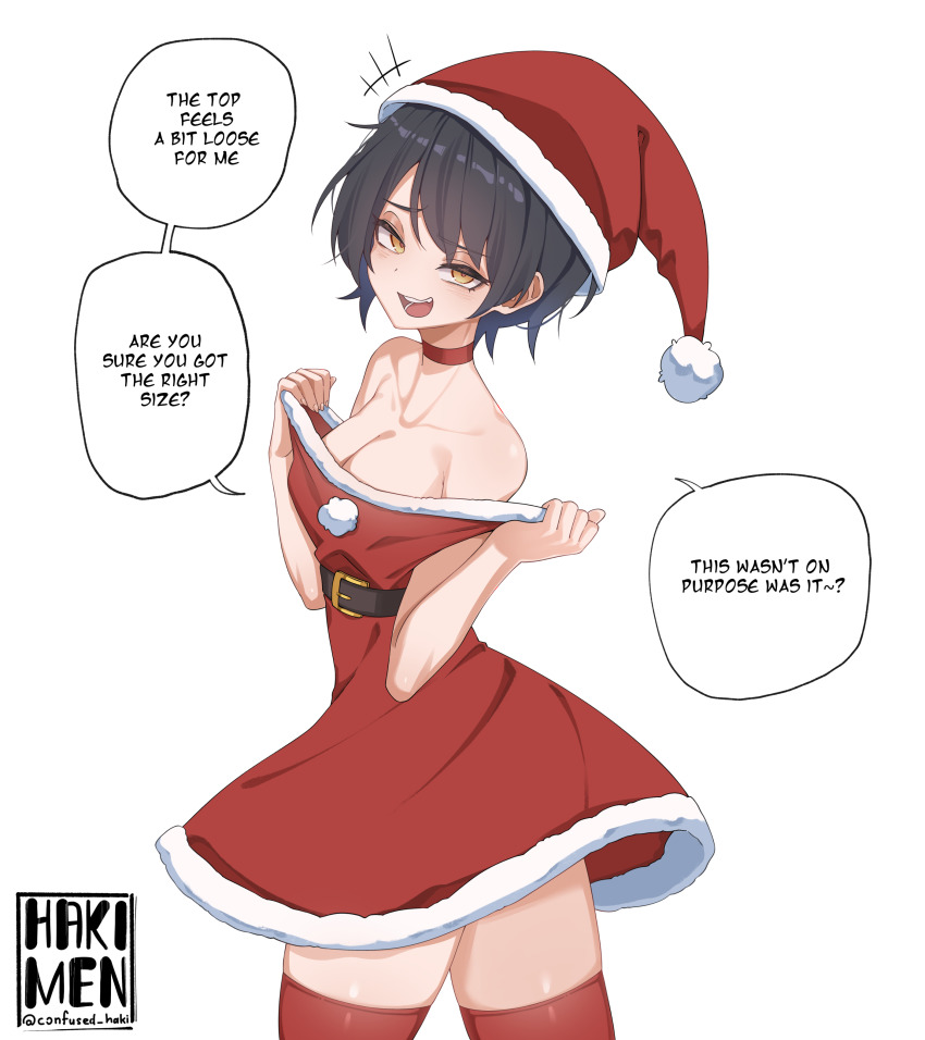 1girl absurdres artist_name bare_shoulders belt breasts choker cleavage clothes_pull collarbone commentary dress dress_pull english_commentary english_text eyelashes fur-trimmed_dress fur-trimmed_headwear fur_trim hakimen half-closed_eyes hat highres large_breasts looking_at_viewer off-shoulder_dress off_shoulder original pom_pom_(cheerleading) red_choker red_dress red_hat red_thighhighs santa_hat signature simple_background skindentation solo speech_bubble suraya_(hakimen) thighhighs twitter_username white_background yellow_eyes