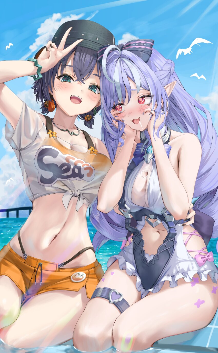 2girls absurdres ahoge bare_shoulders belle_(summer_skies)_(zenless_zone_zero) belle_(zenless_zone_zero) bikini bikini_under_clothes bird black_nails blue_hair blue_sky blush breasts cleavage cloud cloudy_sky commentary_request crop_top crossed_bangs drooling green_eyes hand_on_another's_waist hand_up hands_on_own_cheeks hands_on_own_face hat heart heart-shaped_pupils heart_o-ring highres large_breasts long_hair multicolored_hair multiple_girls navel o-ring o-ring_thigh_strap official_alternate_costume one-piece_swimsuit open_mouth outdoors pointy_ears purple_hair red_eyes seagull short_hair short_sleeves sitting sky smile stomach streaked_hair swimsuit symbol-shaped_pupils teeth thigh_strap thighs upper_teeth_only v vivian_banshee vivian_banshee_(iris_of_the_shore) white_hair yuge_(setsura) yuri zenless_zone_zero