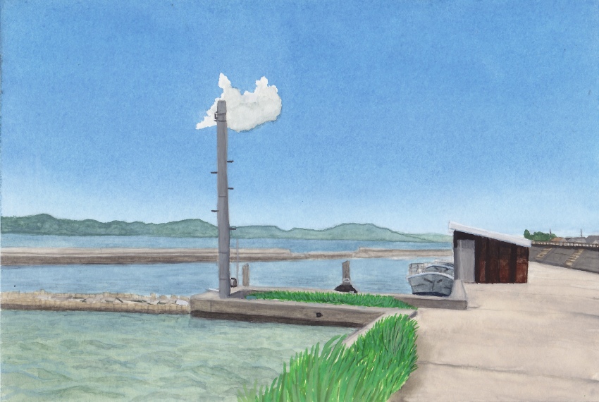 absurdres blue_sky cloud colorful commentary day grass highres horizon jetty kei_(pixiv_123201931) no_humans original outdoors painting_(medium) pole river scenery sky traditional_media water watercolor_(medium)